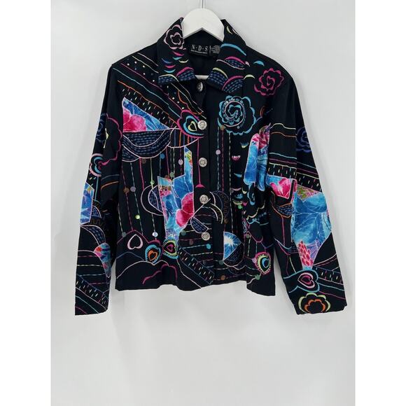 New Direction Vintage Jacket Womens XL Black Floral Heart Embroidered Button - Picture 1 of 16